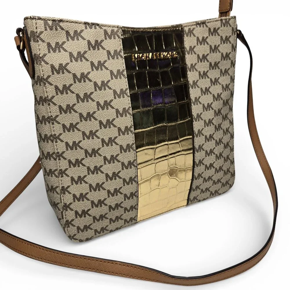 NWT Michael Kors Center Stripe Crossbody‎ Purse Metallic Pale Gold Croc Embossed